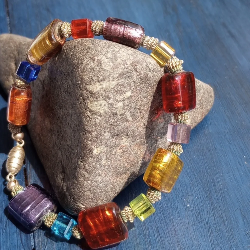 Colorful Silver foil glass art beads with square crystals, silver beads
